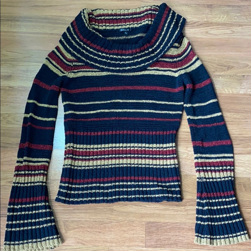 Arden B women's striped sweater cowl neck, stretchy, black, tan and burgundy. L